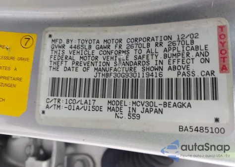 2003 Lexus Es 300 from USA, damaged, VIN JTHBF30G930119416